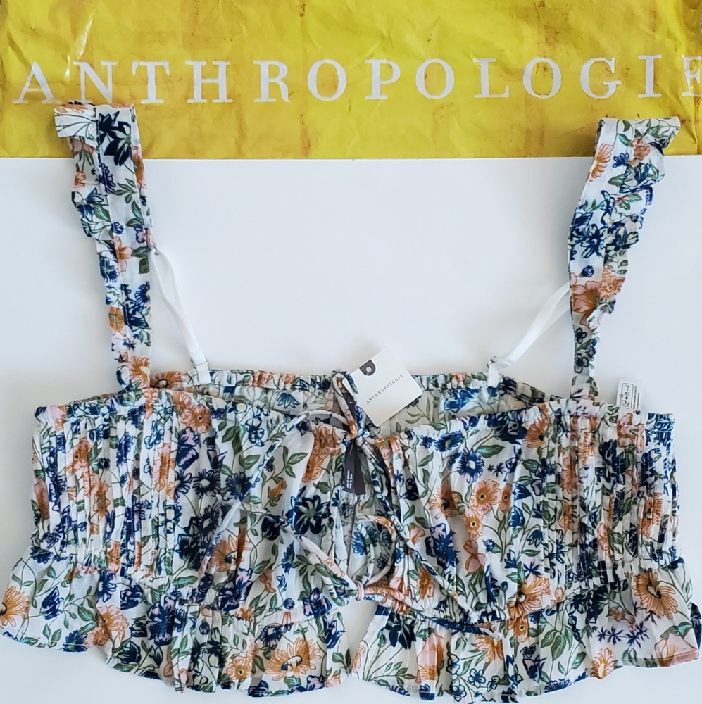 💐 By Anthropologie Floral Crop Top Bralette Pintuck Ruffle Vacation Holiday